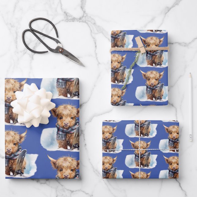 Highland Cow-abunga Wrapping Paper - Blue (Front)