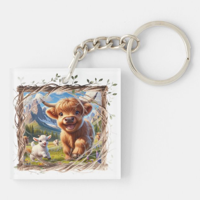 Highland Cow Acrylic Keychain – Rustic Farm Charm  (Back)
