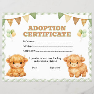Highland cow adopt certificate editable flyer