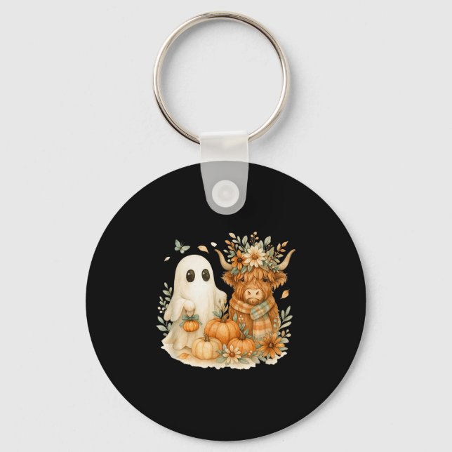 Highland Cow &amp; Ghost Pumpkin Patch Watercolor  Keychain (Front)