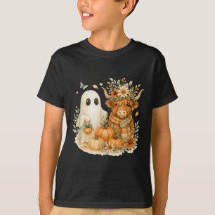 Highland Cow &amp; Ghost Pumpkin Patch Watercolor  T-Shirt