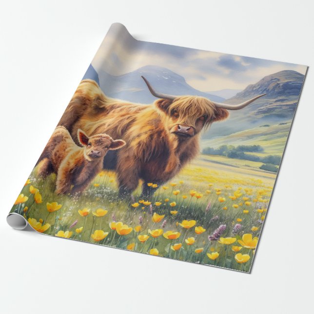 Highland Cow and Calf Buttercup Field Decoupage Wrapping Paper (Unrolled)