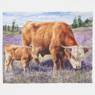 Highland Cow and Calf Purple Wildflowers Fleece Blanket