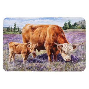 Highland Cow and Calf Purple Wildflowers Flexible Magnet