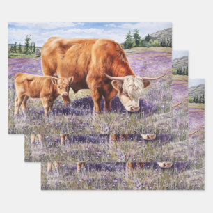 Highland Cow and Calf Purple Wildflowers Wrapping Paper Sheet
