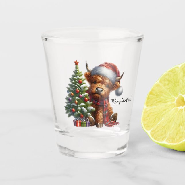 Highland Cow and Christmas Tree Shot Glass (Front)