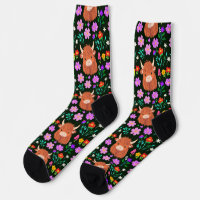 Highland Cow and Colourful Pink Flowers Black Sock
