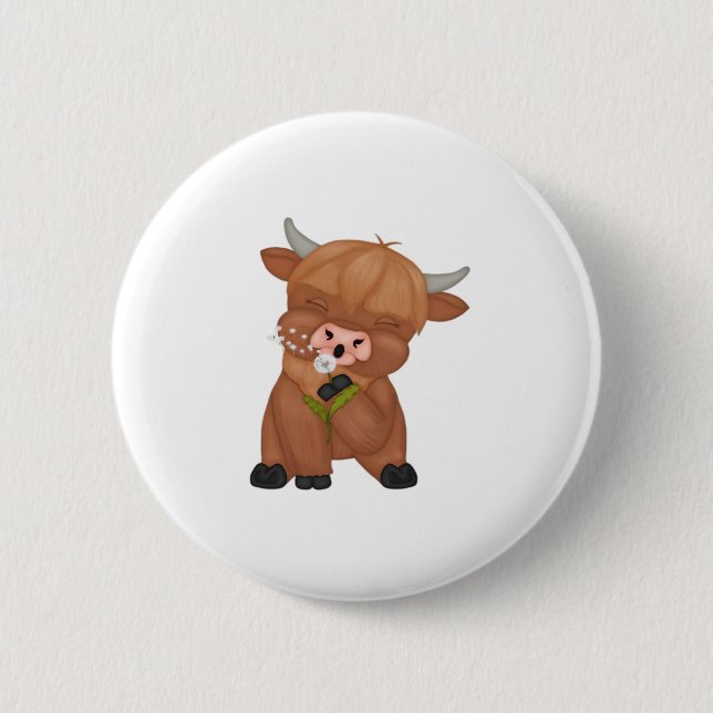Highland Cow and Dandelion Puff Classic T-Shirt 2 Inch Round Button (Front)