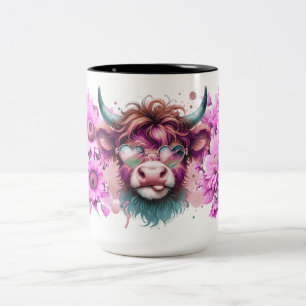 highland cow and purple flowers Two-Tone coffee mug
