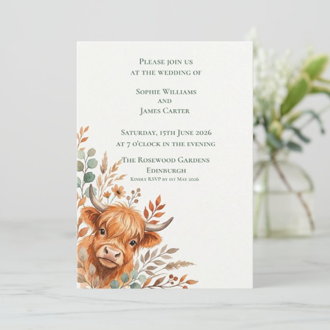 Highland Cow Autumn Floral Scottish Wedding Invitation (Standing Front)