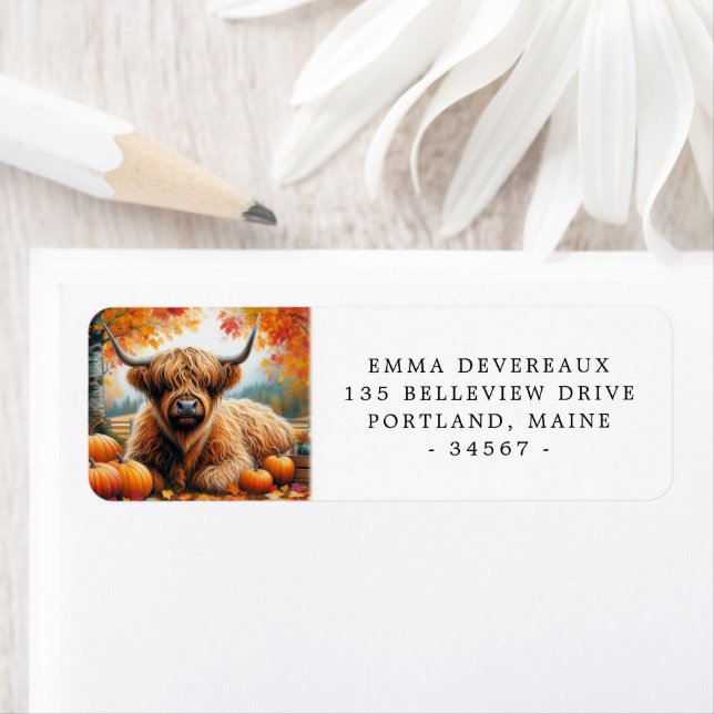 Highland Cow Autumn Pumpkins Return Address (Insitu)