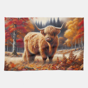 Highland Cow Autumn Watercolor Kitchen Towel