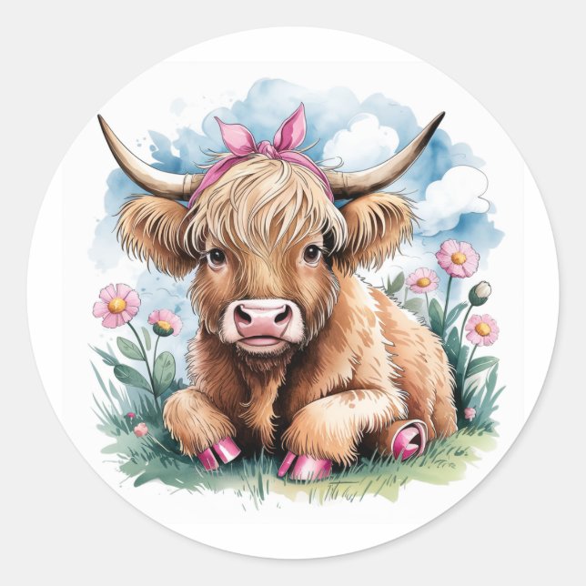 Highland Cow Baby Shower Bliss Classic Round Sticker (Front)