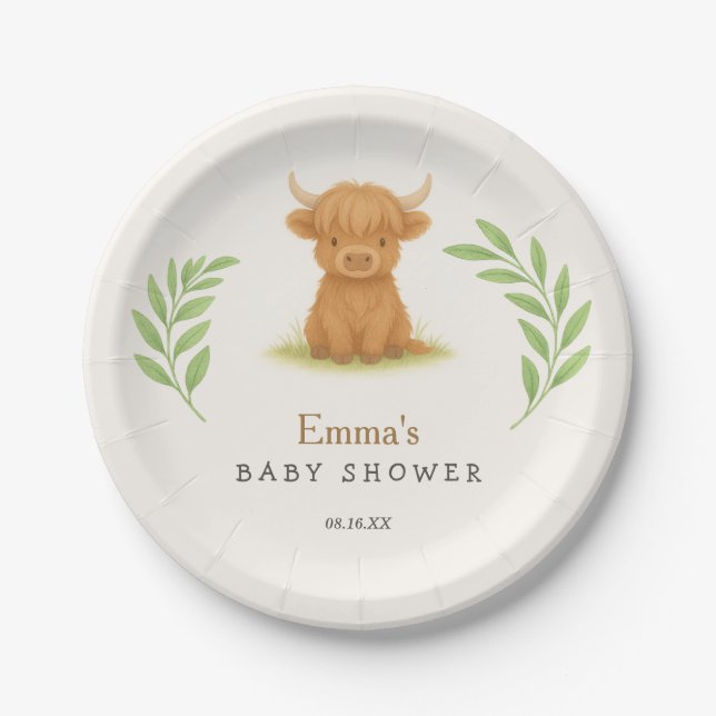 Highland Cow Baby Shower Paper Plates (Front)