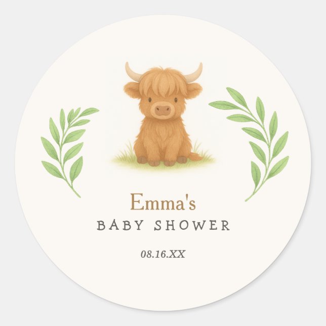 Highland Cow Baby Shower Stickers (Front)
