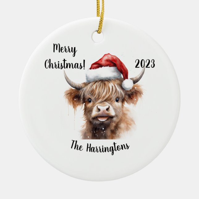 Highland Cow Baby with Santa Hat Christmas Ceramic Ornament (Front)