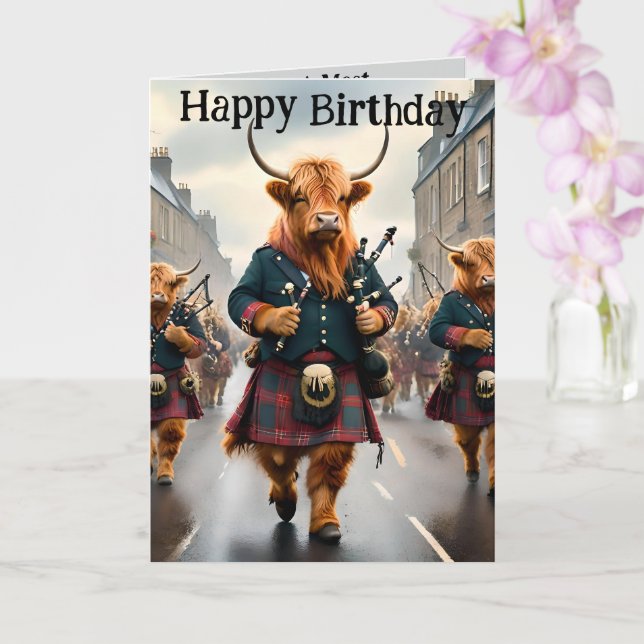 Highland Cow Bagpipe Band, carte d'anniversaire (Orchidée)