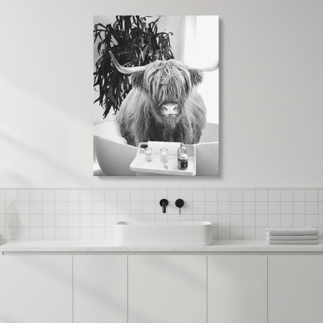 Highland cow Bathtub Black White Bathroom  Canvas Print (Creator Uploaded)