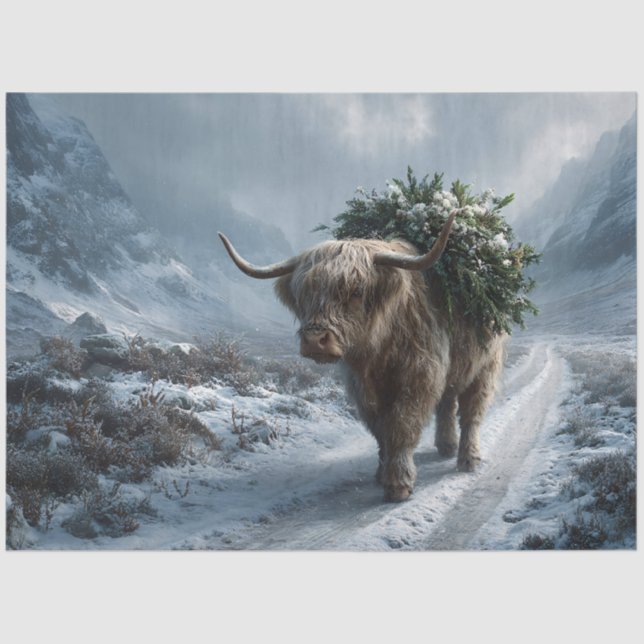 Highland Cow Bearing Winter Greens Tissue Paper (Front)