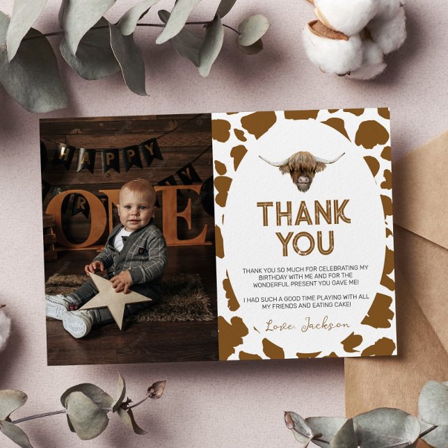 Highland Cow Birthday Photo Thank You Card (Creator Uploaded)