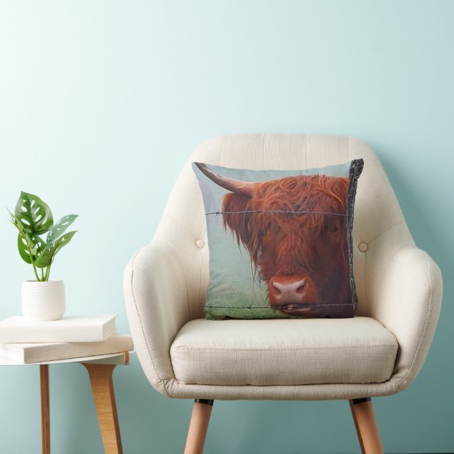 Highland Cow Biting A Wire Fence Throw Pillow (Chair)