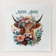 Highland Cow Boho Floral Watercolor