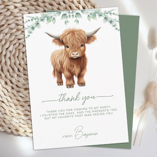 Highland Cow Boho Greenery Farm Animal Birthday Thank You Card (Creator Uploaded)