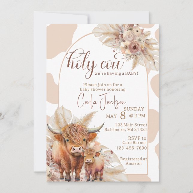  highland cow boho pampas grass baby shower invitation (Front)