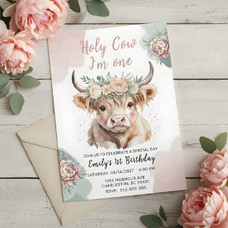 Highland Cow Boho Watercolor First Birthday Invitation