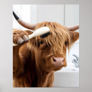 Highland Cow Brushing Hair Getting Ready Bathroom Poster