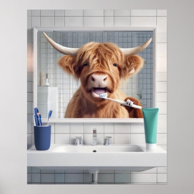  Highland Cow Brushing Teeth Toothbrush Bathroom Poster (Front)