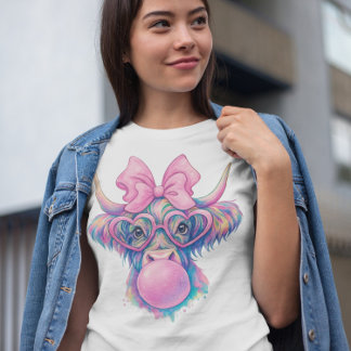 Highland Cow Bubblegum Coquette Holographic Sublim T-Shirt