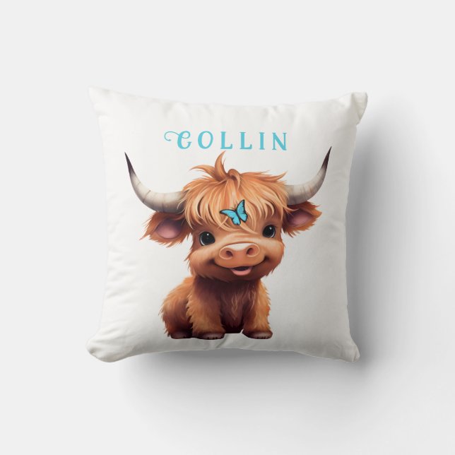 Highland cow butterfly watercolor name pillow (Front)