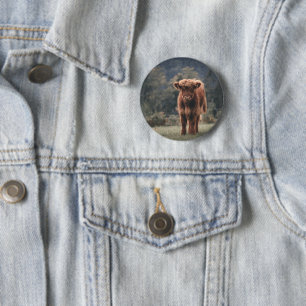 Highland cow calf autumn grass field 2 inch round button