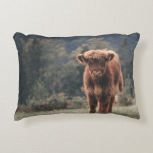 Highland cow calf autumn grass field accent pillow