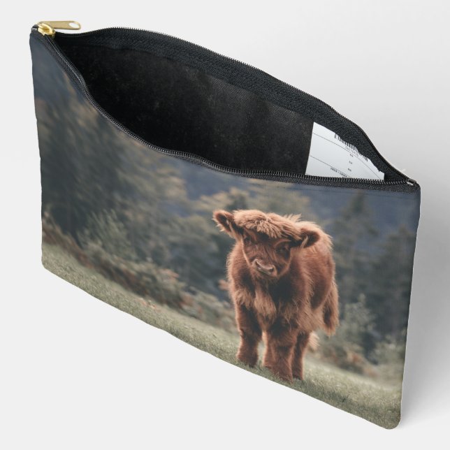 Highland cow calf autumn grass field accessory pouch (Open)