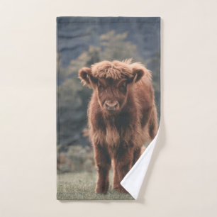 Highland cow calf autumn grass field bath towel set