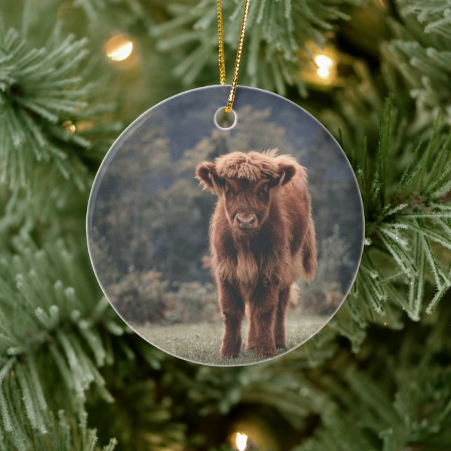 Highland cow calf autumn grass field ceramic ornament (Tree)