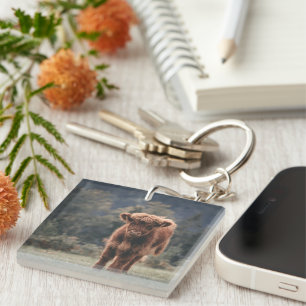 Highland cow calf autumn grass field keychain