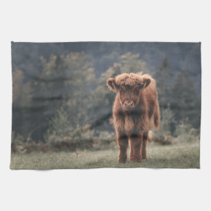 Highland cow calf autumn grass field kitchen towel