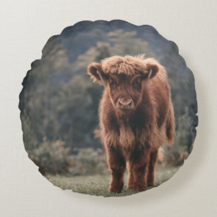 Highland cow calf autumn grass field round pillow