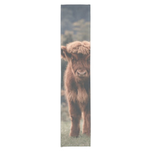 Highland cow calf autumn grass field short table runner