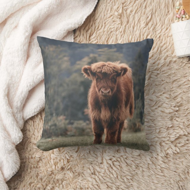 Highland cow calf autumn grass field throw pillow (Blanket)