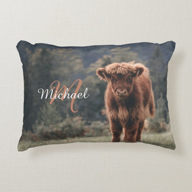 Highland cow calf autumn grass monogram initial accent pillow (Front)