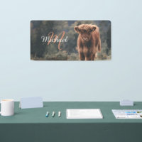 Highland cow calf autumn grass monogram initial