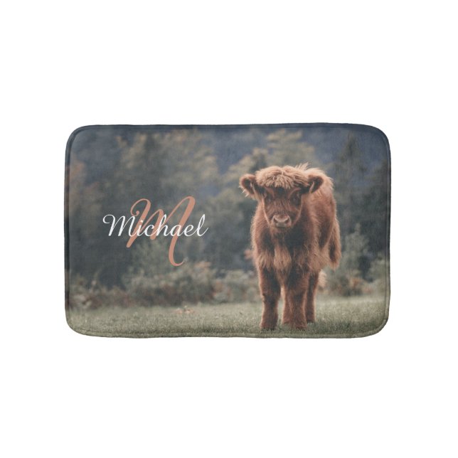Highland cow calf autumn grass monogram initial bath mat (Front)