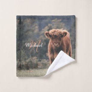 Highland cow calf autumn grass monogram initial bath towel set