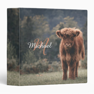 Highland cow calf autumn grass monogram initial binder