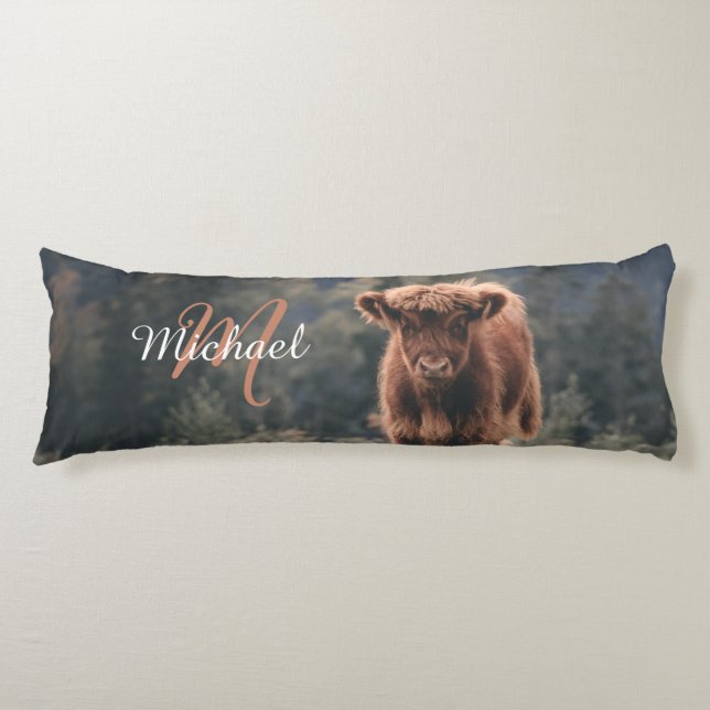 Highland cow calf autumn grass monogram initial body pillow (Front)