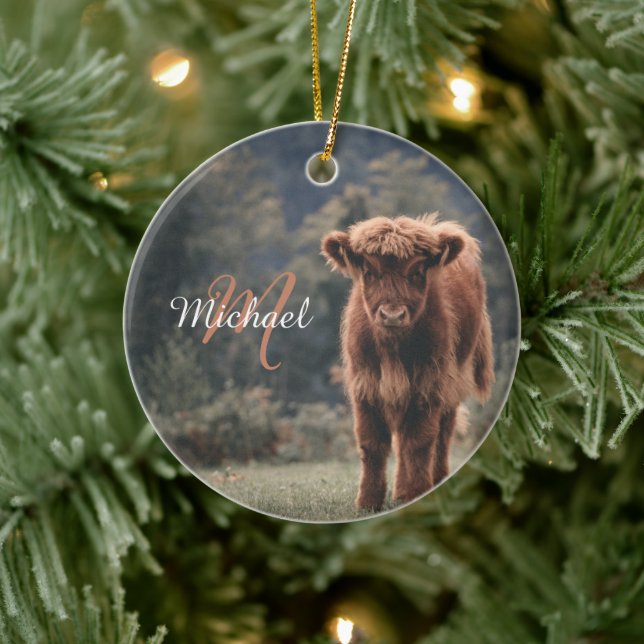 Highland cow calf autumn grass monogram initial ceramic ornament (Tree)